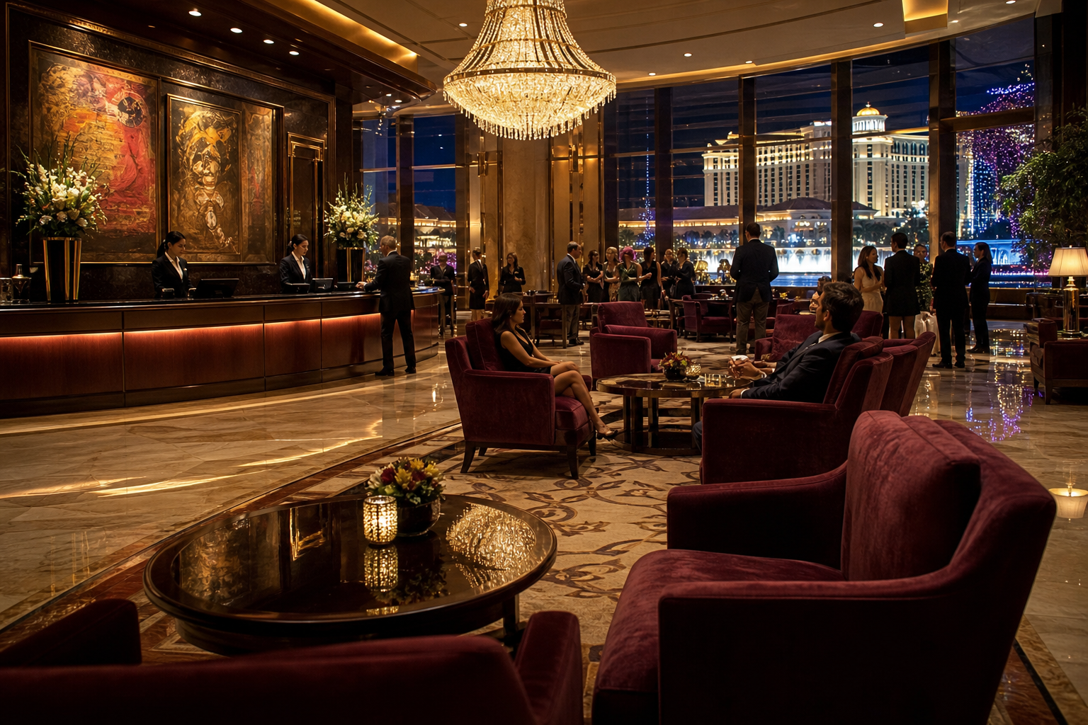 Luxury Casino Hotel Lobby with Grand Chandelier and Velvet Chairs